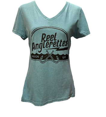 Reel Anglerettes Hook Up Teal V-Neck